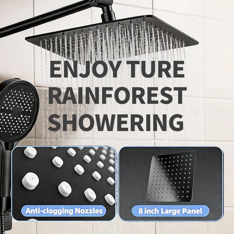 Complete Adjustable Shower Set, 8 Inch Ceiling Shower Head & 5.51 Inch Large Panel Handheld Shower, 8‑Mode Hand Shower With Spray Gun Function, Encrypted Shower Hose, Bathroom Shower System, Black