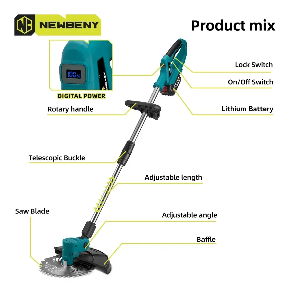 NEWBENY 9 นิ้วBrushlessเครื่องตัดหญ้าไฟฟ้าดิจิตอลจอแสดงผลไร้สายชาร์จสวนกําจัดวัชพืชเครื่องมือสําหรับMakita 18Vแบตเตอรี่