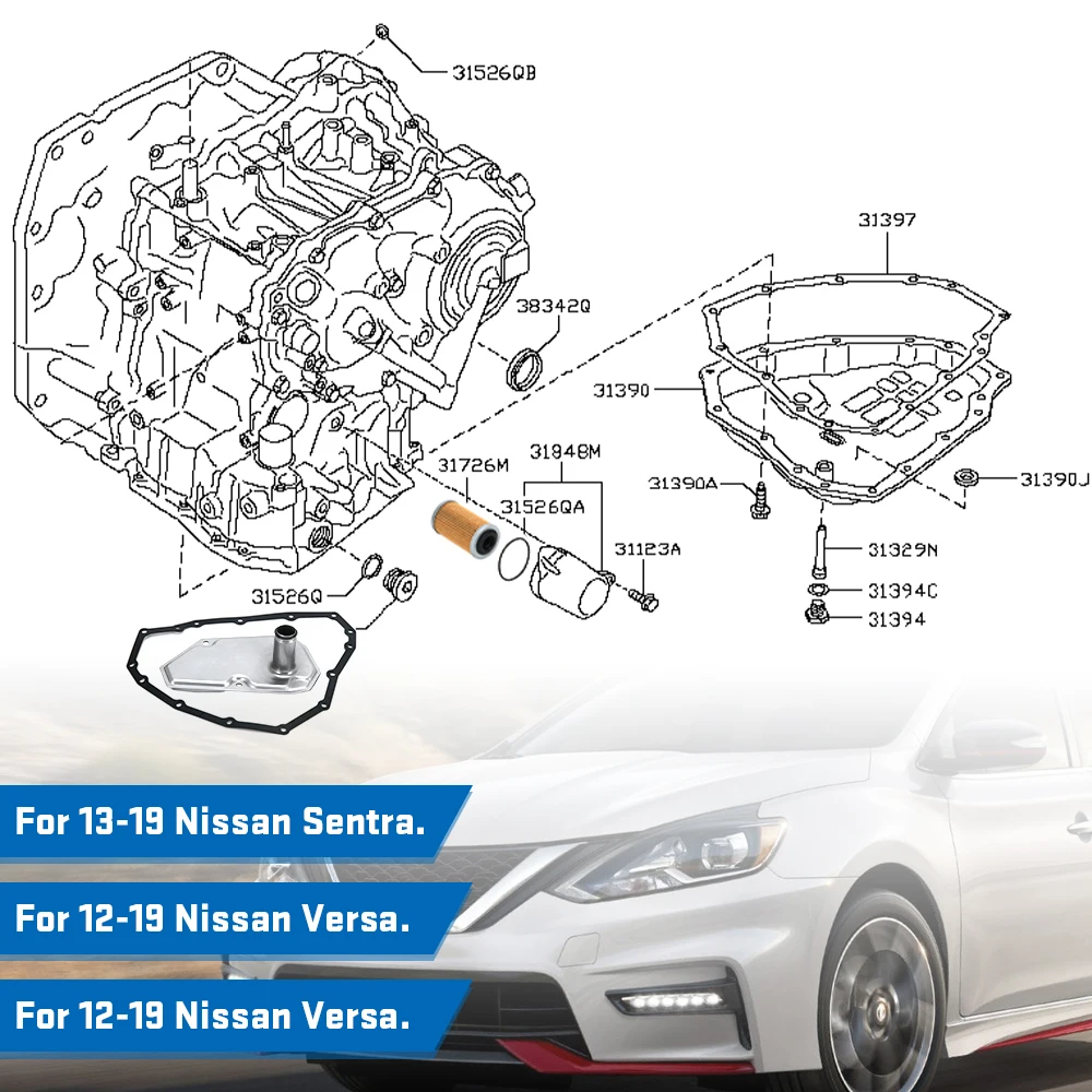 Transmission Oil Filters & Pan Gasket Set For 12-19 Nissan Sentra Versa Note 31728-3JX0A 31728-3JX0B RE0F11A 3172628X0A