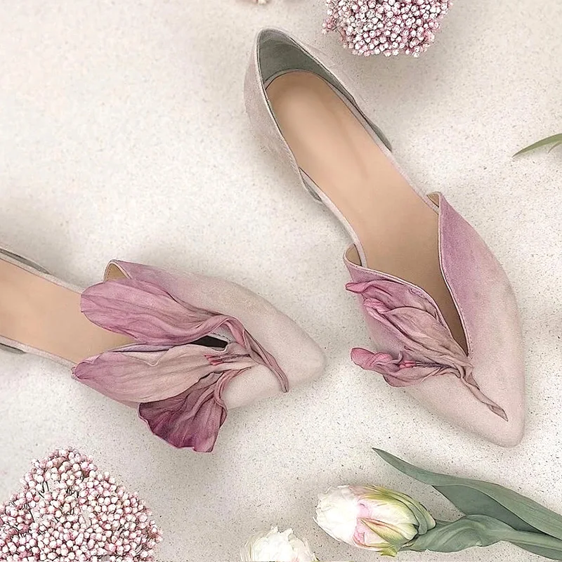 

Gradient purple pink petals Embellished Flats shoes Ladies side cutout pointed toe Loafer Female Fresh flower Slip on Shoes