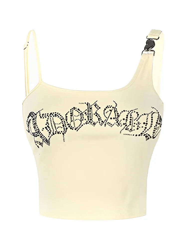 Summer Gothic Camisole Baddie Style Bodycon Crop Top For Women 2023 Japanese Fashion Rhinestone Halter Tops Vest Grunge 2000s