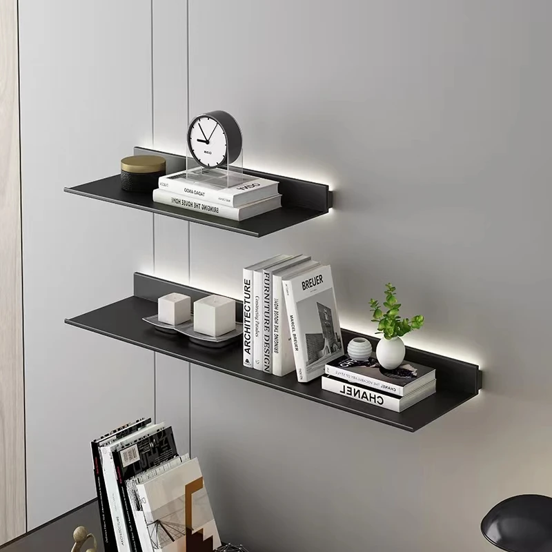 Luminous Wall Shelf One-word Aluminum Alloy Shelf Lighted Open Bookshelf Living Room Wall-mounted Shelf Display Rack