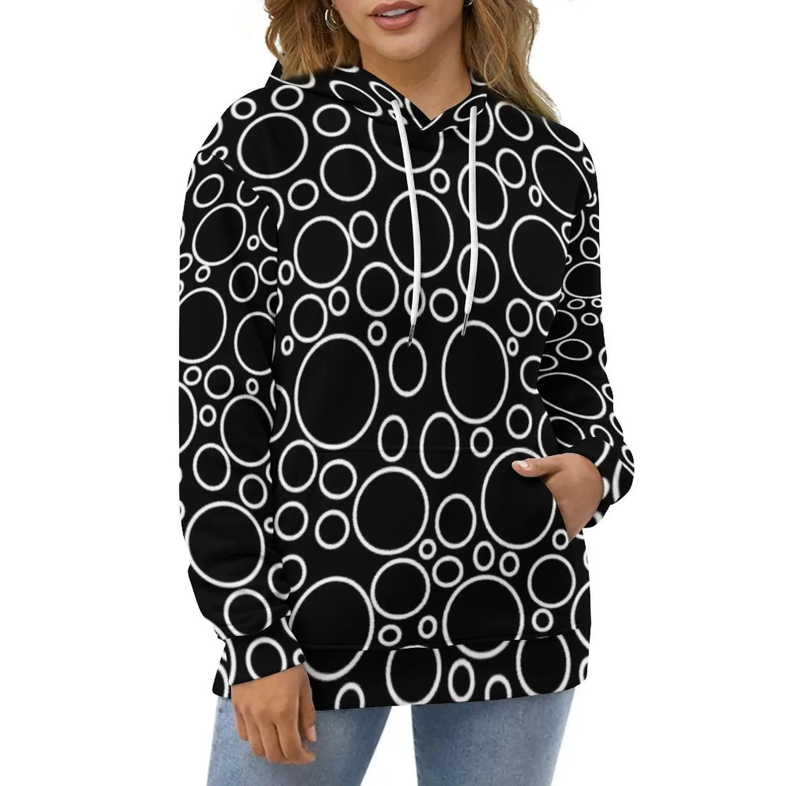 Retro Circles Print Hoodies Bubbles Black Hip Hop Oversized Pullover Hoodie Women Long Sleeve Trendy Casual Hooded Sweatshirts