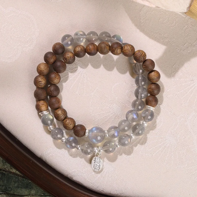 Natural Gray Moonstone and Agarwood Beaded Bracelet for Women Elegant Crystal Wood Bracelet Gifts