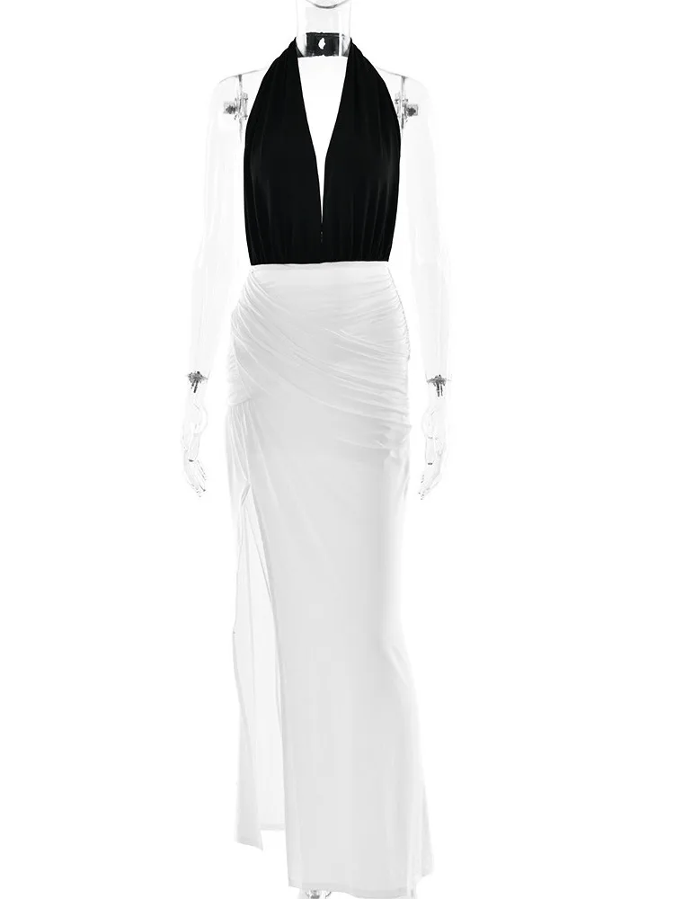 XIAOTANG dos nu Patchwork robe Sexy 2025 automne licou cou fendu moulante robe Maxi élégante fête robes de soirée pour les femmes