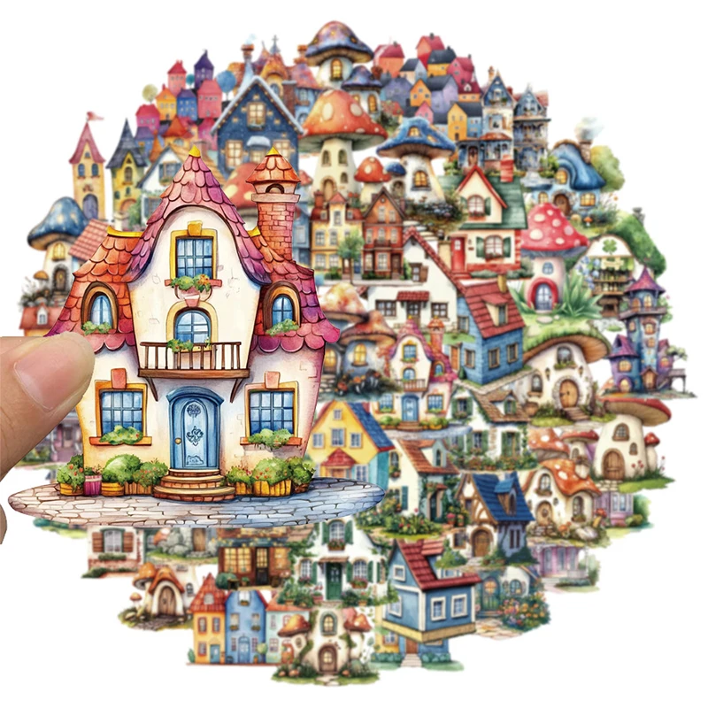 50PCS Transparent Castle Stickers Fairy Tale Castle Stickers Vintage Dreamy Building Decals Mushroom Homes Art Decal Motorcycle