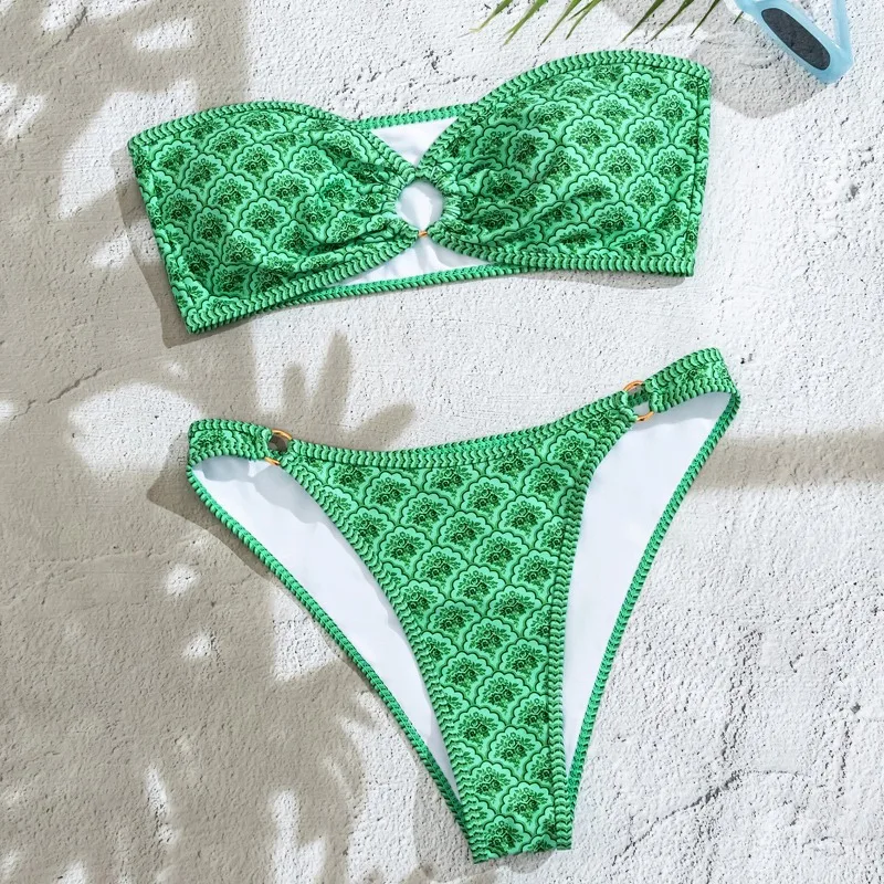 여성 스트랩리스 섹시 비키니 세트 여름 비치 파티 프린트 투피스 수영복 2025 여름 밴도 비치 휴가 수영복