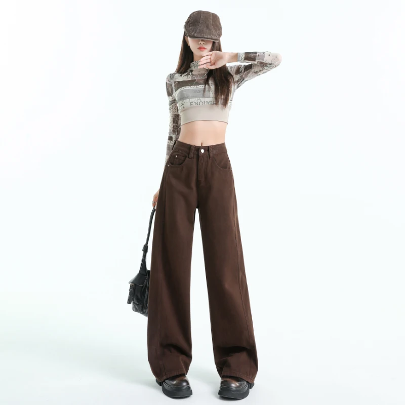 Jeans coreani Sle Thi in velluto marrone a gamba larga Jeans da donna autunno inverno a vita alta taglio dritto lunghezza pavimento pantaloni alla moda