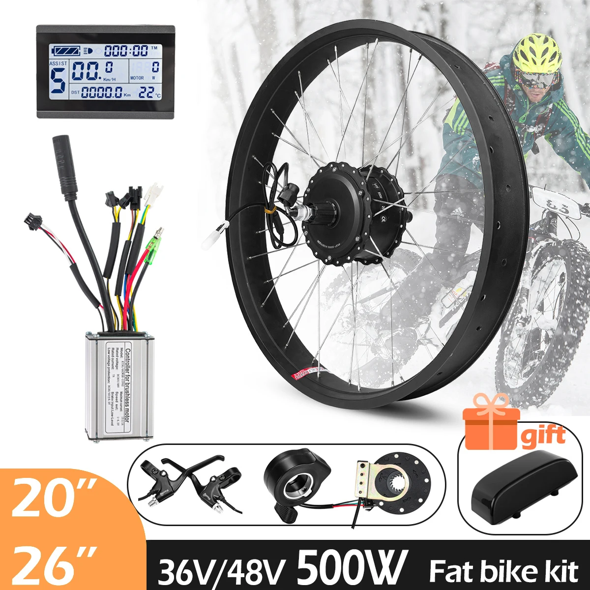 Fat E-bike Conversion Kit 36V 48V 500W Hub Motor Electric Bike Wheel for 20 26in Snow Bicycle Hub Motor with LCD3 Display