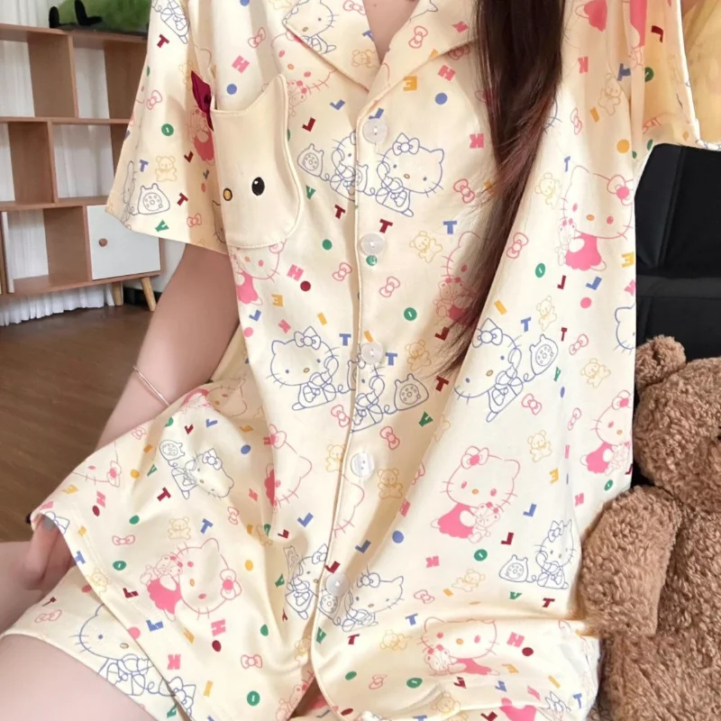 

Летние пижамные комплекты Sanrio Hello Kitty, шорты, одежда для сна с короткими рукавами, студенческая ночная одежда, пижамы с героями мультфильмов Kawaii, женская домашняя одежда