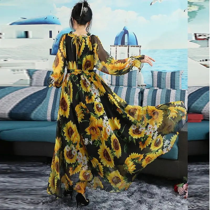 2023 Boho Beach Sunflower Print Maxi Dress Fashion Women Long Dress Full Sleeve Party Holiday Muslim Travel Photo Vestidos Robe