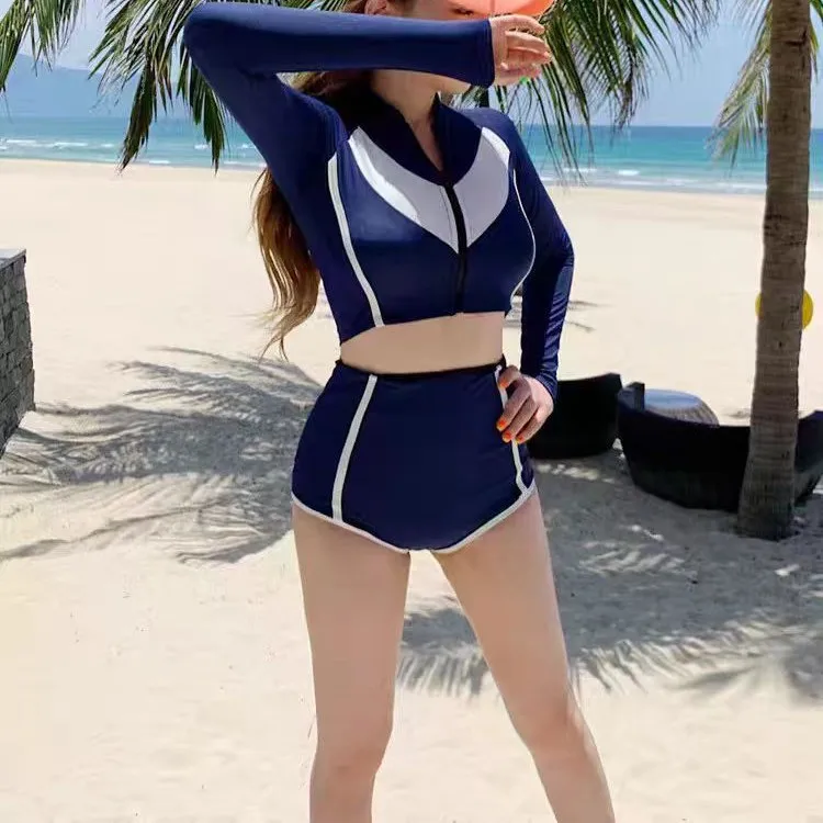 2026 Black White Color Block Long Sleeve High Waisted Two Piece Swimsuit Women Tummy Control Push Up Sporty Swimwear Beachwear