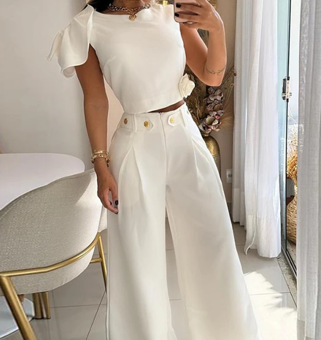 Two Piece Set Women Outfit Summer Fashion One Shoulder Petal Sleeve Solid Round Neck Top & Casual High Waist Wide Leg Pants Set