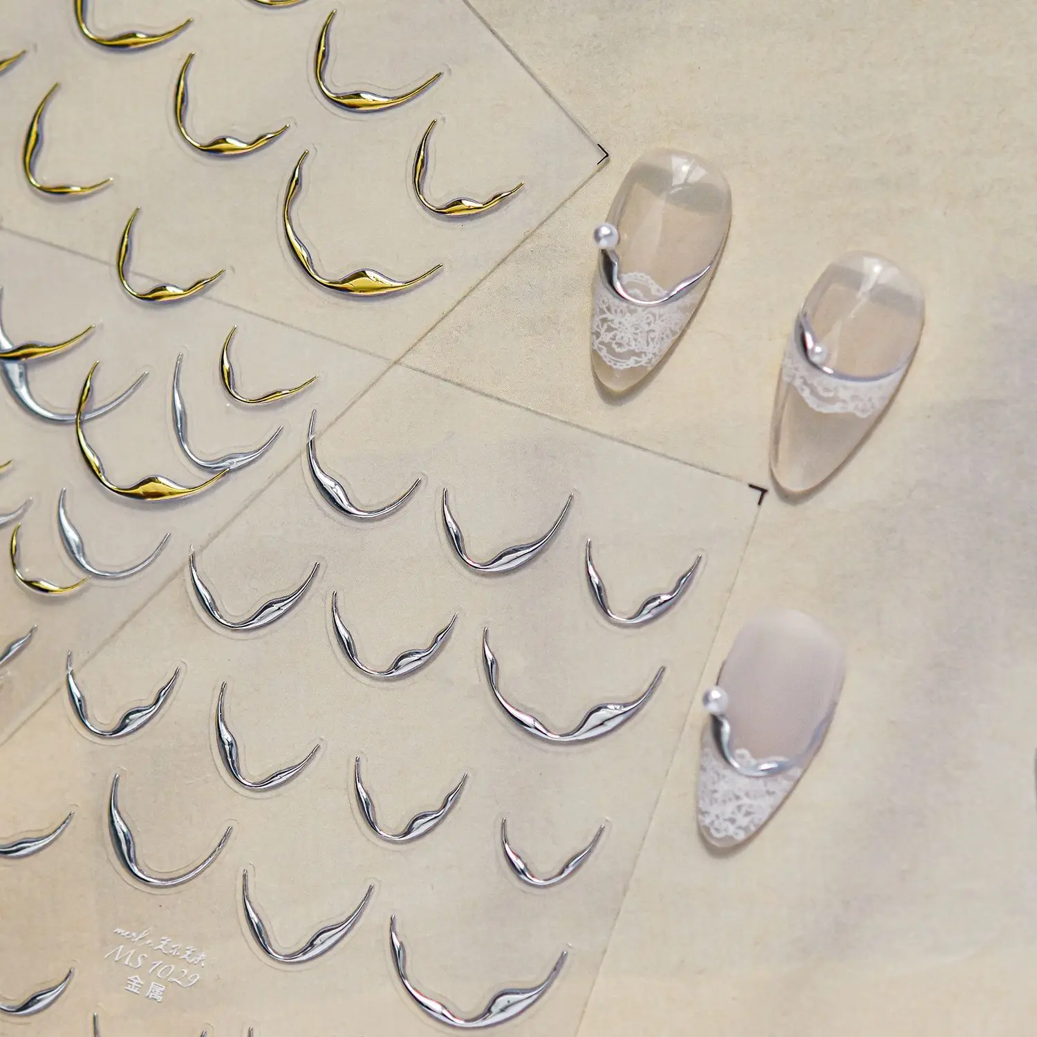 1PCS Simple Metal French Style Nail Stickers Shining Gold Silver Moon Shaped Self Adhesive Nail Stickers Nail 3D Decorations DIY