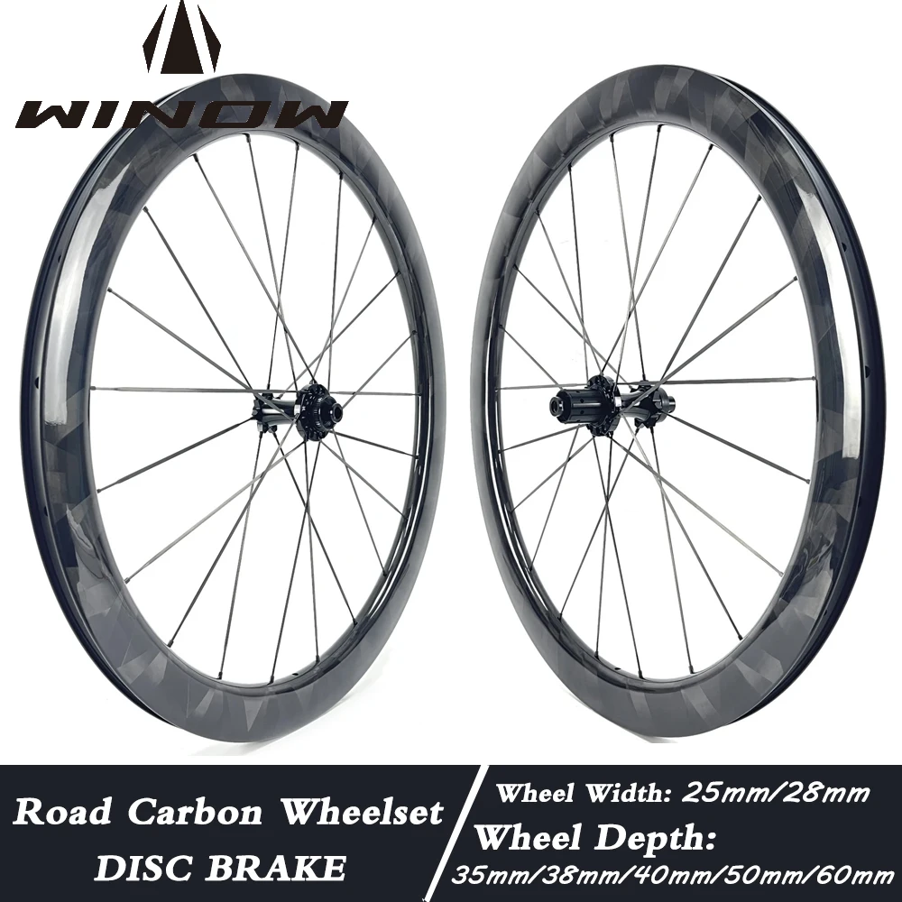 

Winowsports Carbon Wheels Disc Brake 700c Road Bike Wheelset Clincher and Tubeless Carbon Spoke Butterfly Weave Glossy Wheels