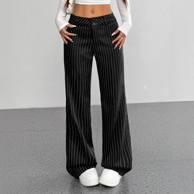 2026 Spring Autumn Women Printed Striped Trousers Wide‑leg Long Cut Loose Fit Elegant Simple Casual Commuter Office Pants
