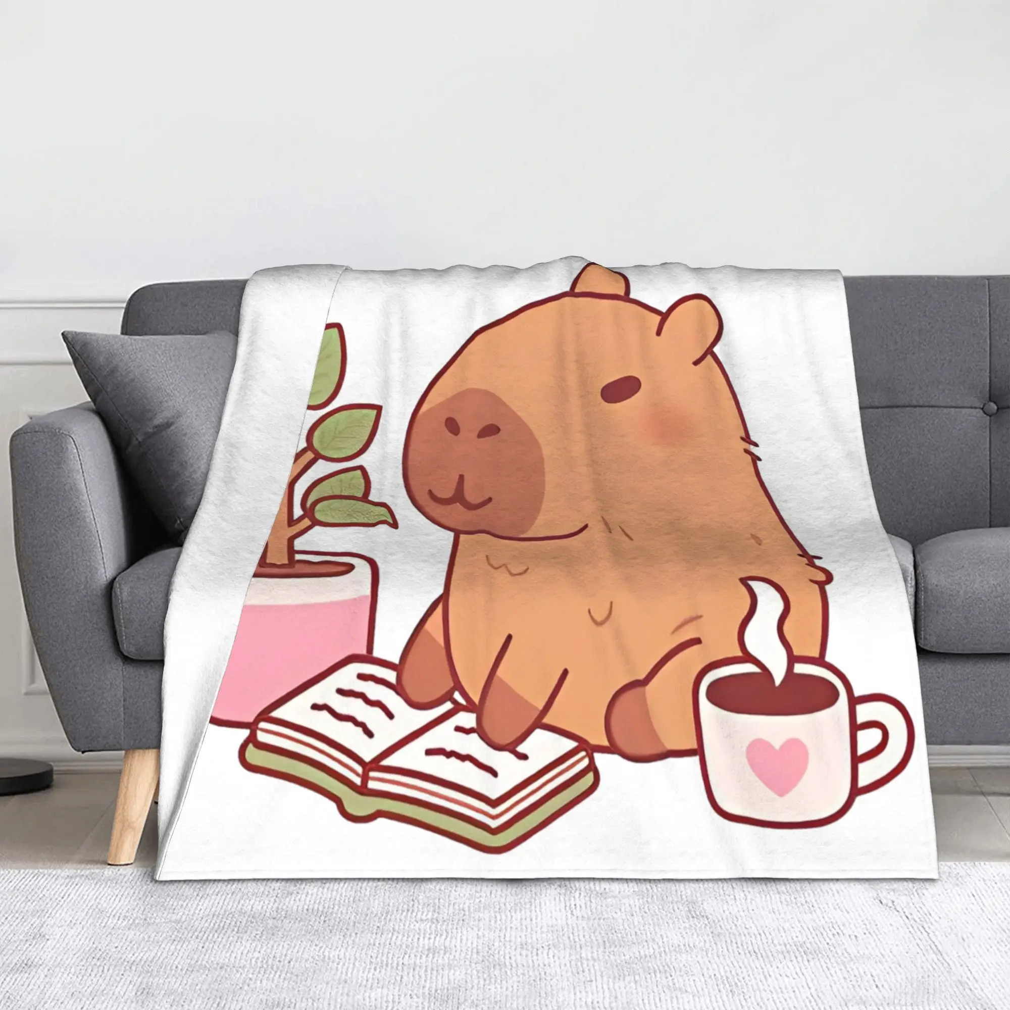 

Cute Capybara Enjoying A Good Read And Coffee Blankets Flannel Funny Breathable Throw Blanket for Home Restaurant Autumn/Winter