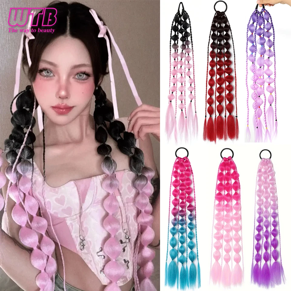 

2Pc Synthetic Hair Wig Ponytail Extension Hairpieces Pink Long Lantern Bubble Braid Kinky Straight Women Girl Halloween Costume