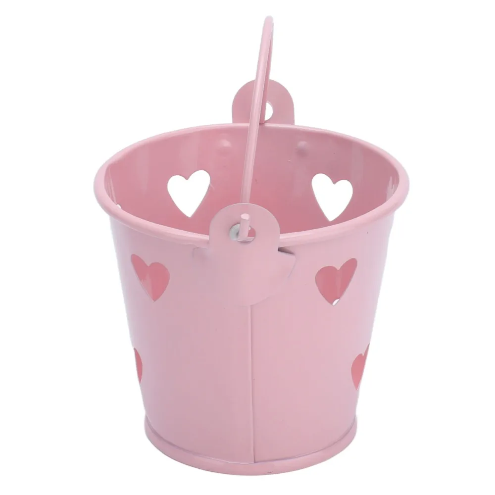 12pcs Cute Metal Decorative Bucket Pink 2.36x2.09in Candy Container with Handle Hollow Heart Shaped Storage Pail Candies