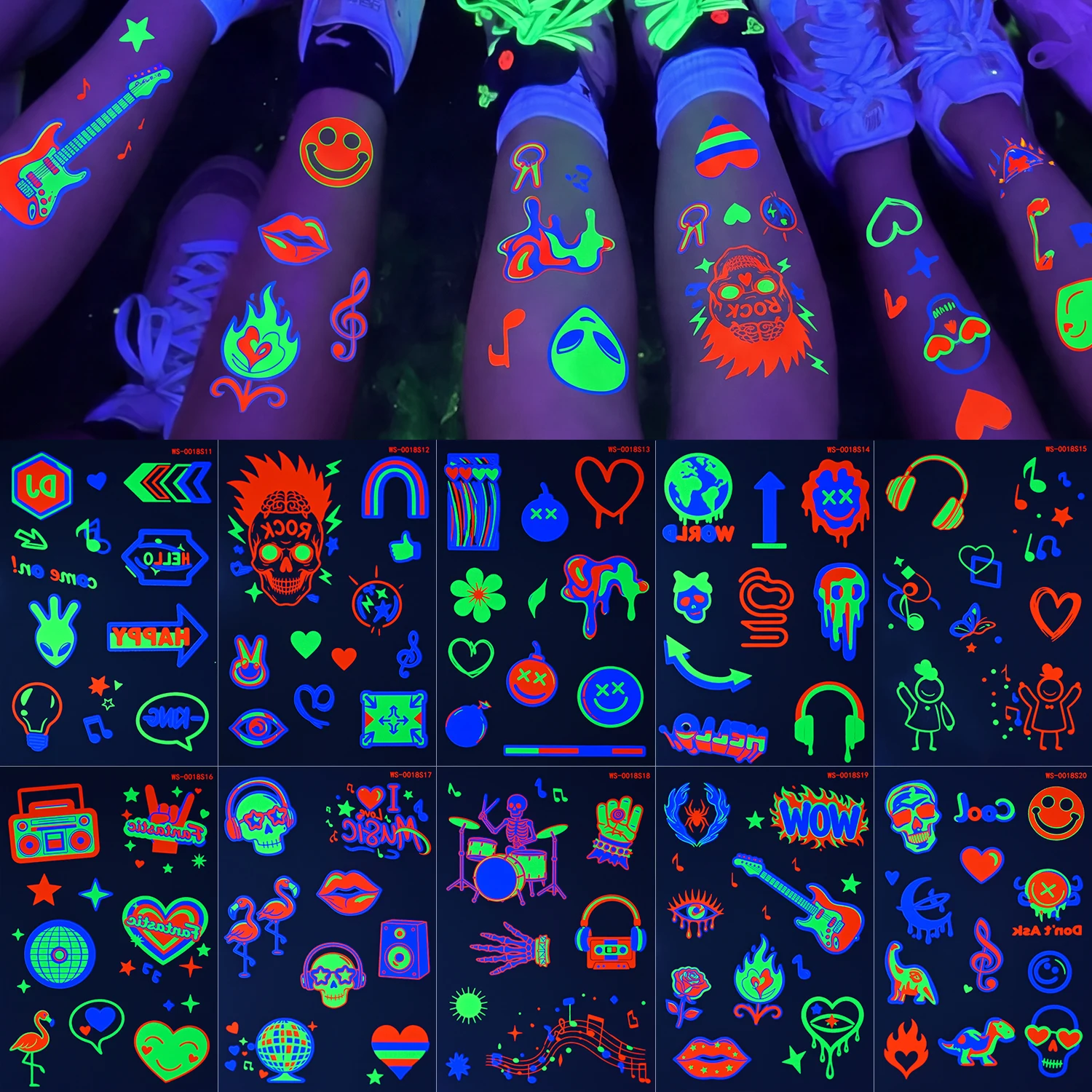 10pcs Fluorescent In The Dark Temporary Tattoos Stickers Halloween Skeleton Rock Notes Tattoo Stickers Luminous Colorful Sticker