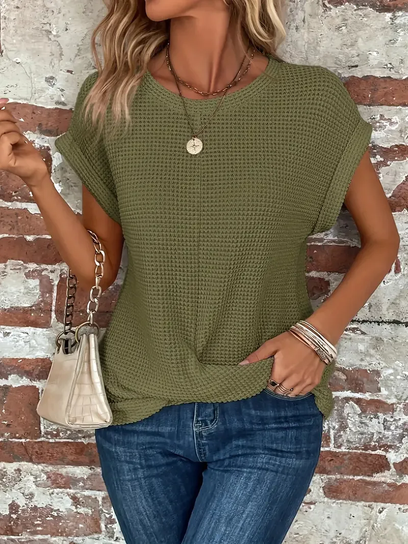 2024 New cross-border solid color round-collar T-shirt elegant short-sleeved tw… - Image 2