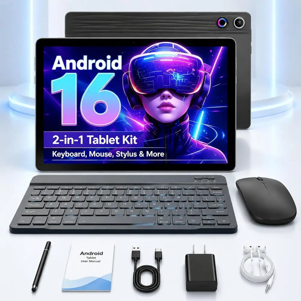 

10.1 Inch 2-in-1 Tablet with Keyboard, Wireless Mouse, Stylus, Case, Dual Cameras, 64GB+1TB Storage, 5G, Ideal for Portable Work