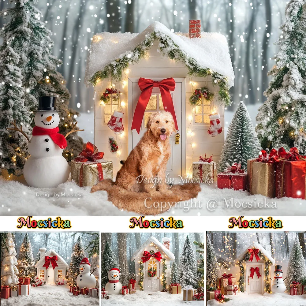 Mocsicka White Christmas House Photography Backdrop Xmas Tree Forest Snowman Glitter Light Background Winter Kid Photo Studio