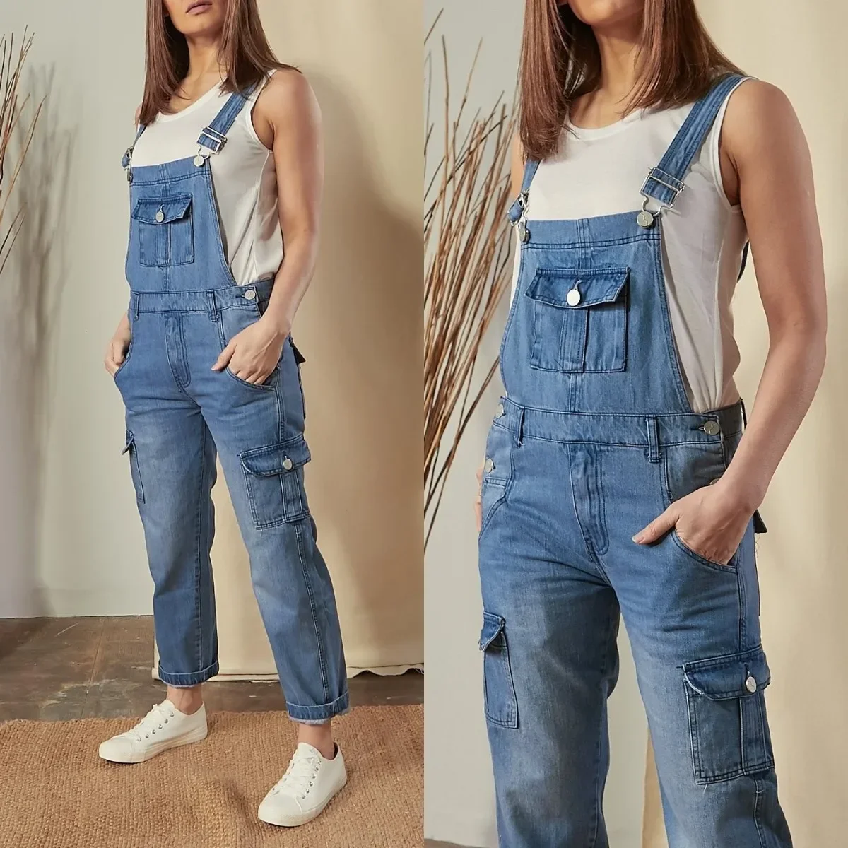 

Women Overalls Spliced Vintage Mid Waist Straight Pants Washed Denim One Piece Pockets Casual Loose Fit Ankle Length 2024
