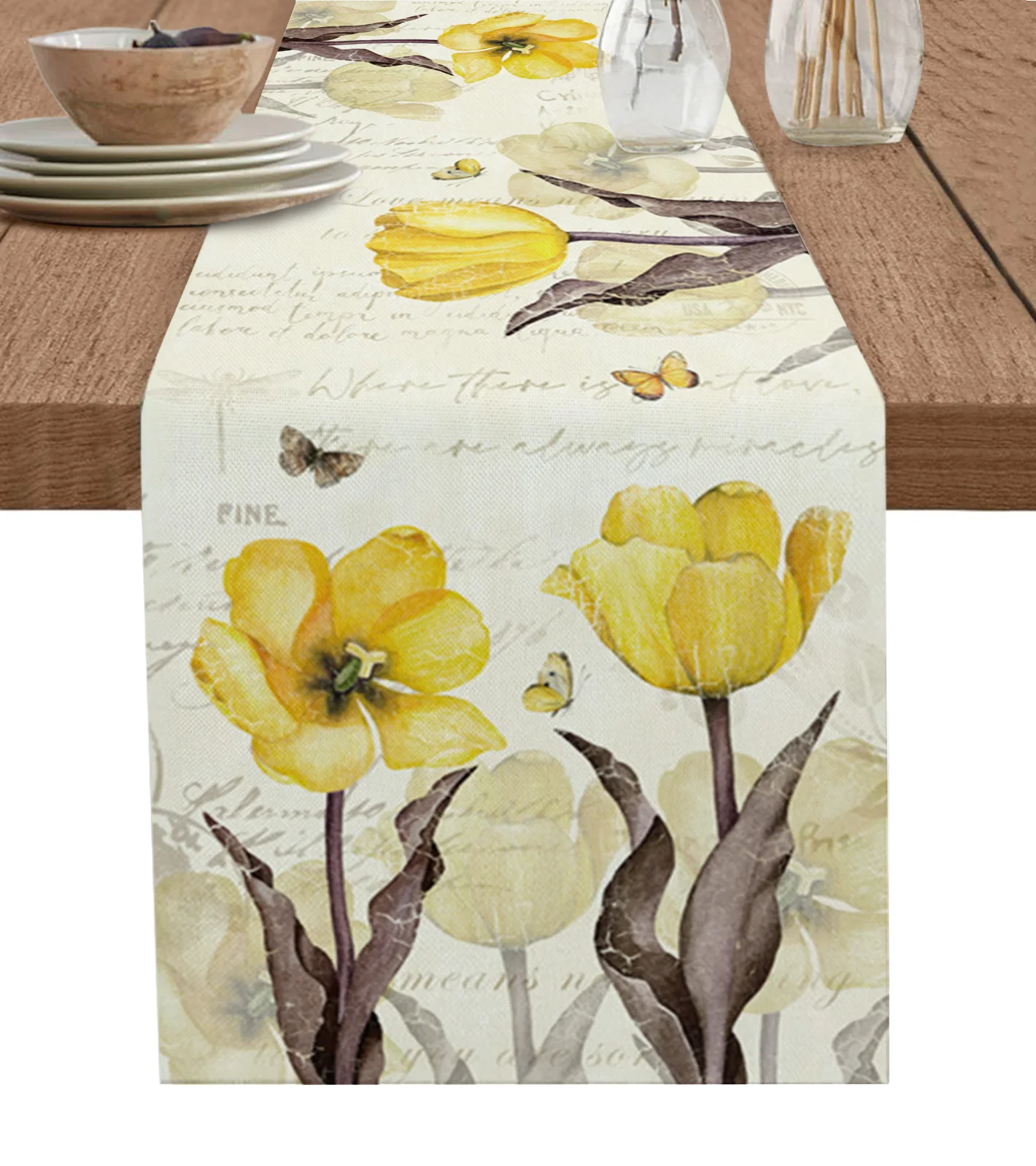 Vintage Flowers Butterflies Yellow Tulips Table Runner Cotton Linen Wedding Dining Table Cover Cloth Home Kitchen Decor Placemat