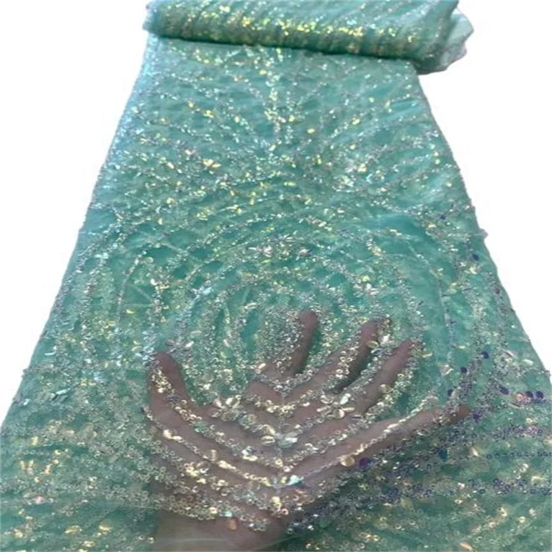 Africano 3d sequined tecido de renda verde alta qualidade bordado material do laço nigeriano francês malha tecido do laço para o casamento costura