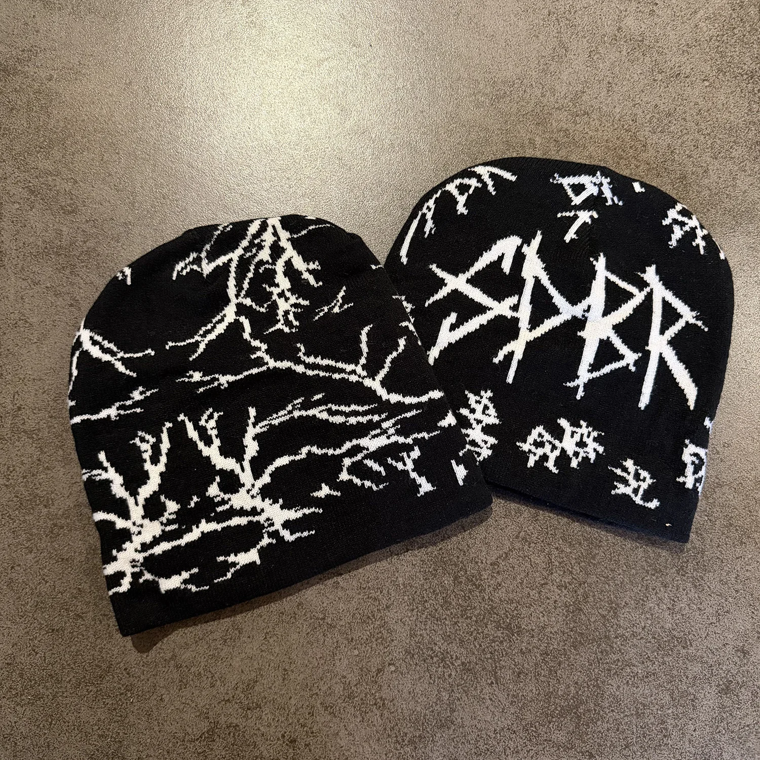 Autumn Winter Dark Style Skeleton Letter Jacquard Knit Hat for Men Women, Color Block Hip Hop Beanie Unisex