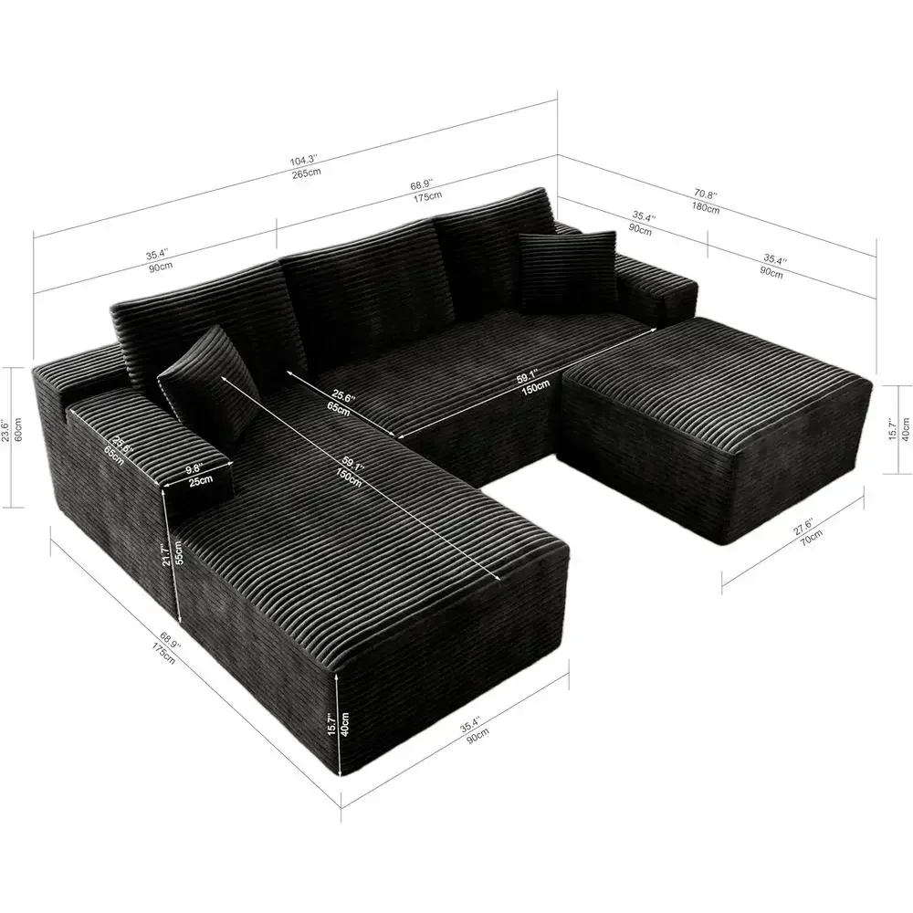 3-Piece Modular Sectional Sofa, Cloud-Inspired Couch, Chaise with Ottoman, Plush Deep Seat, Soft Corduroy Fabric, Living Room Se