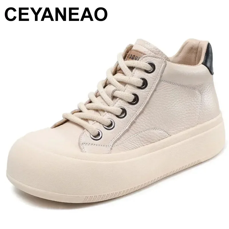 

Fashion Women Chunky Platform Ankle Boots Autumn Genuine Leather Short Boots Women High Top Flat Sneakers Shoes