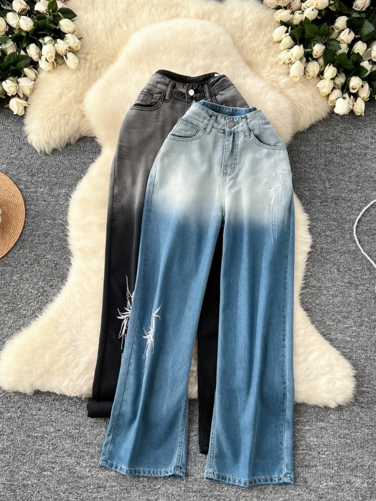 

aduated Color Embroidered Heavy Work Denim Jeans Women's High Waist Slimming Wide Leg Long Pants Autumn New Korean Design