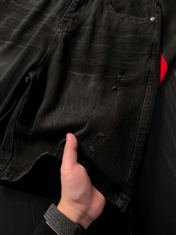 Cleanfit Loose Fit Lightning Pattern Ripped Denim Shorts Men's American Wash Five-Quarter Pants Straight Leg mid Waist
