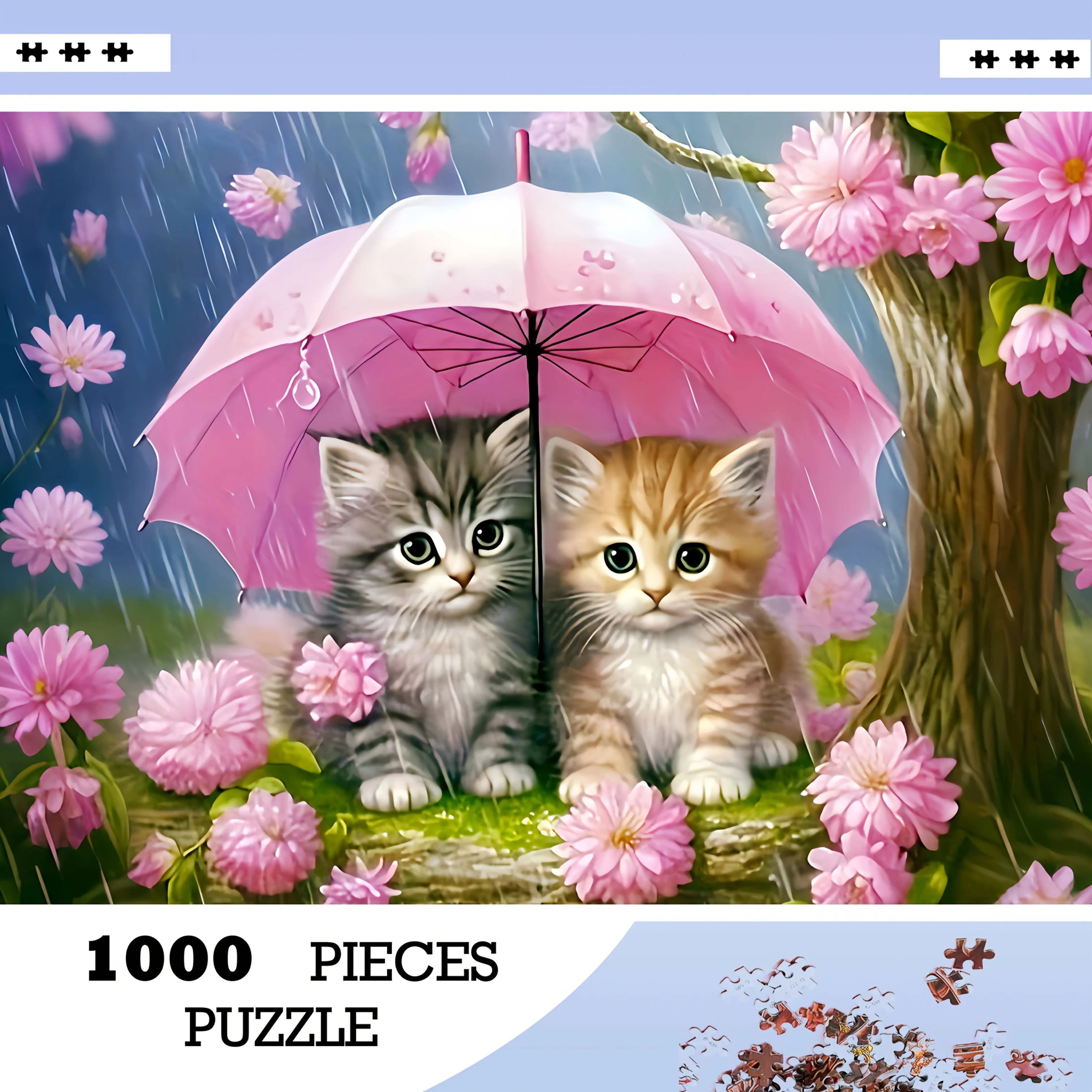 1000 stuks dikke kartonnen puzzel geschikt voor volwassenen - schattige kittens onder paraplu met basis en veelkleurige katten, draagbaar