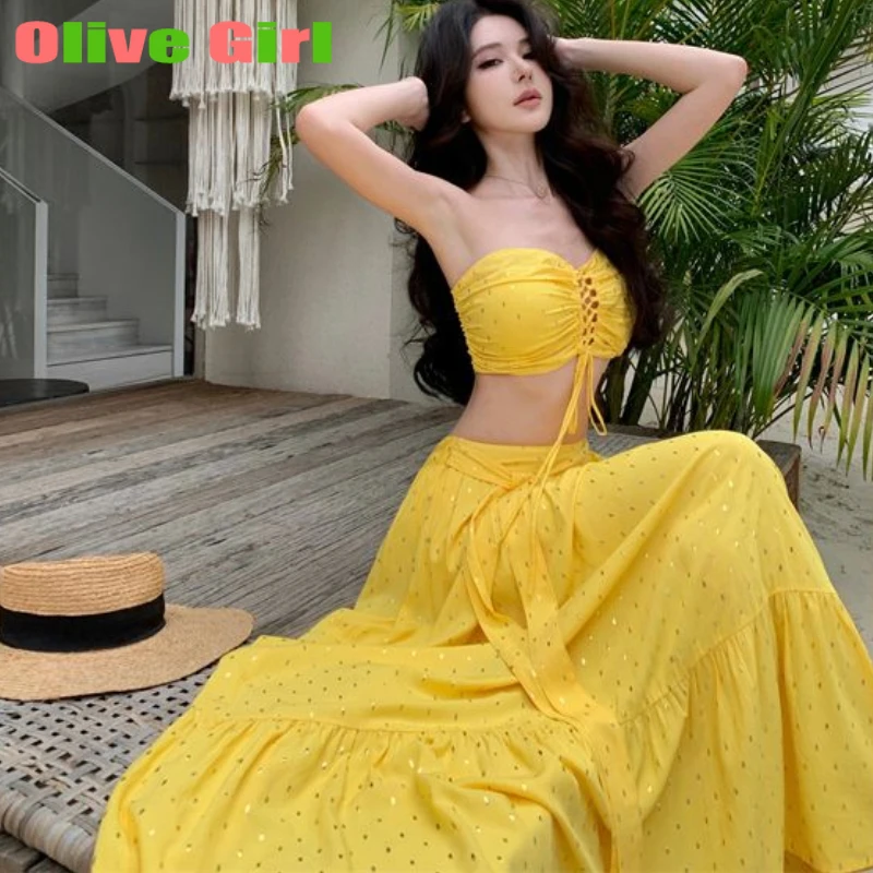

Holiday Sexy Skirt Set Pleated Tube Top Big Swing Two-piece Dress Suit Women Two Piece Sets Womens Outifits