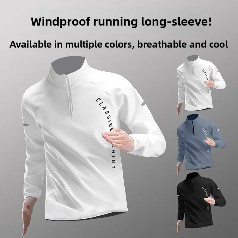 Men's Training Sportswear Long Sleeve Thin Running T-shirt Fitness Upper Apparel Spring Autumn Half Zipper Breathable Polyester