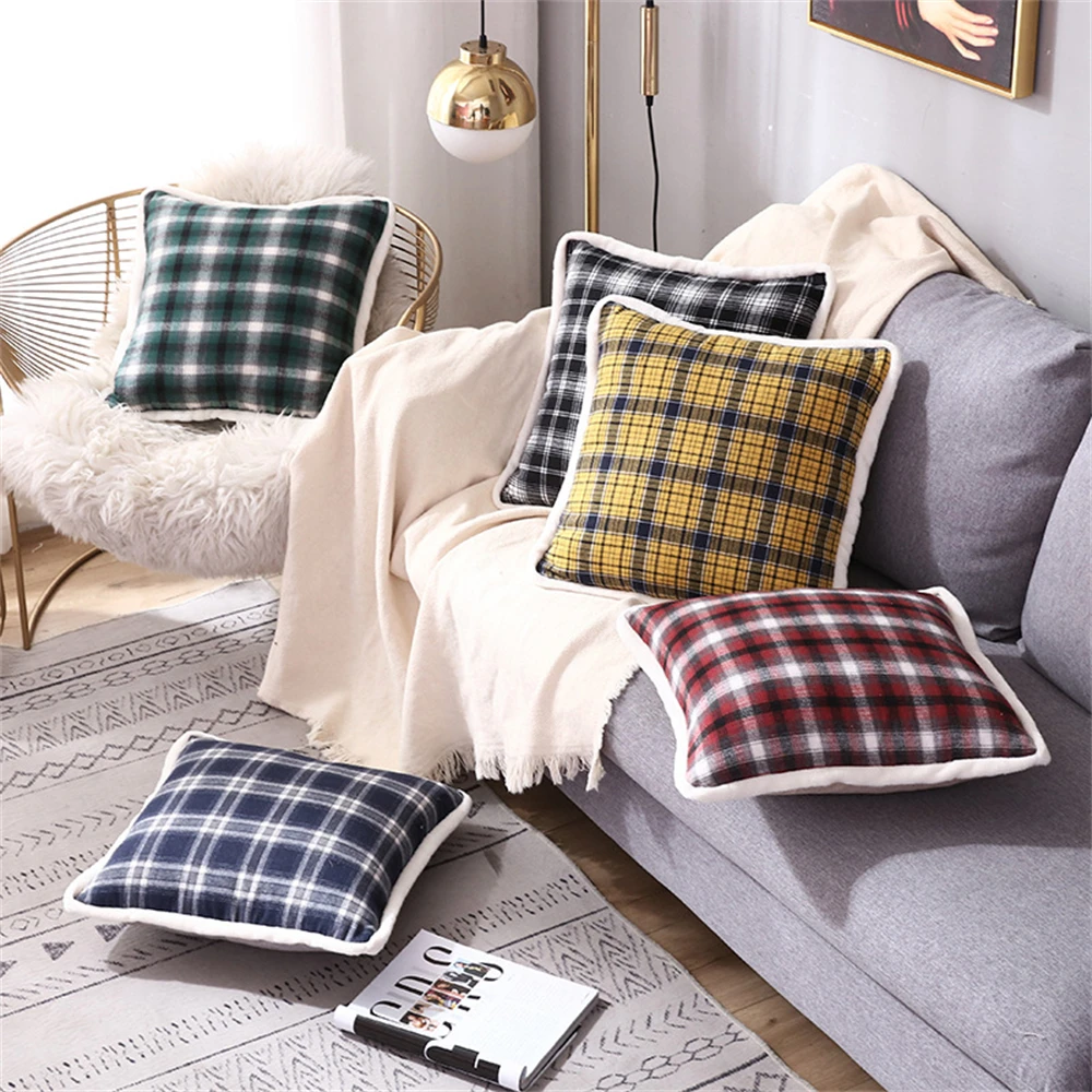 Luxury Geometric Plaid Pillowcase Flannel Lace British Tartan Cushion Cover 3D Print Gingham Plaid Throw Pillow Case Sofa Car