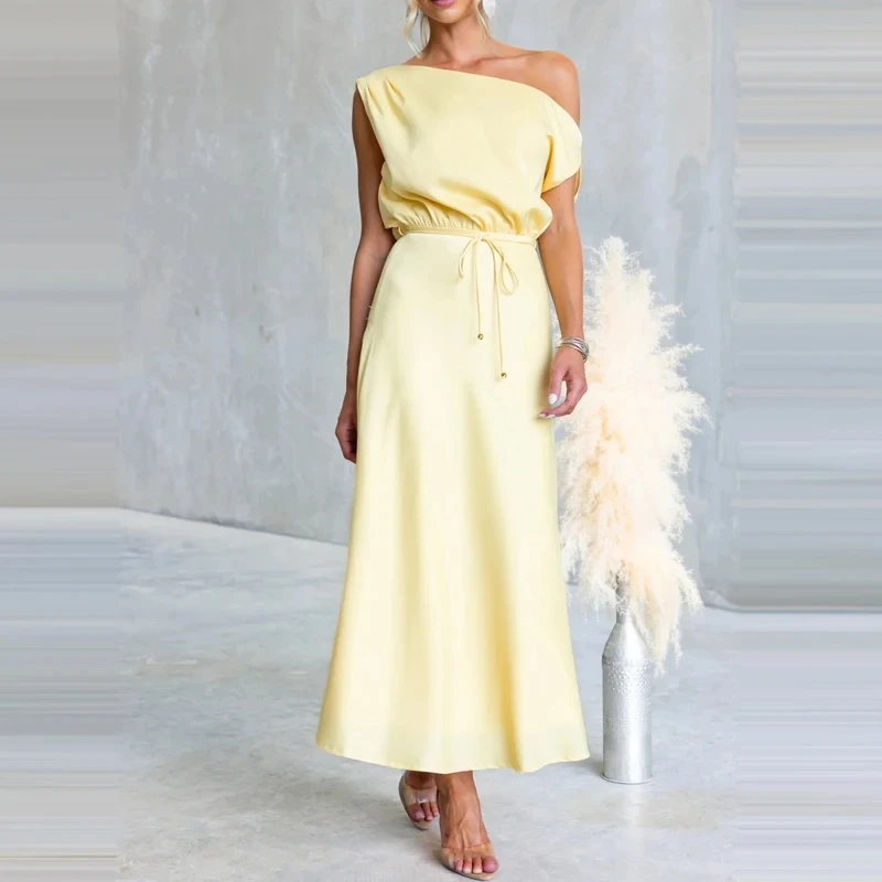 

Temperament High Waist Pleated Dresses Sexy Slash Collar Lace Up Satin Evening Dress Elegant Lady Solid Color Slim Banquet Dress