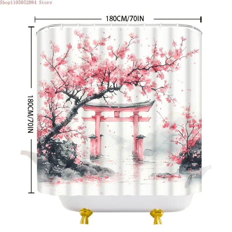 

Красивая занавеска для душа с изображением ворот Тории и цветущей вишни, с японским садовым узором для создания спокойной атмосферы в ванной комнате, весенний цветочный дизайн.