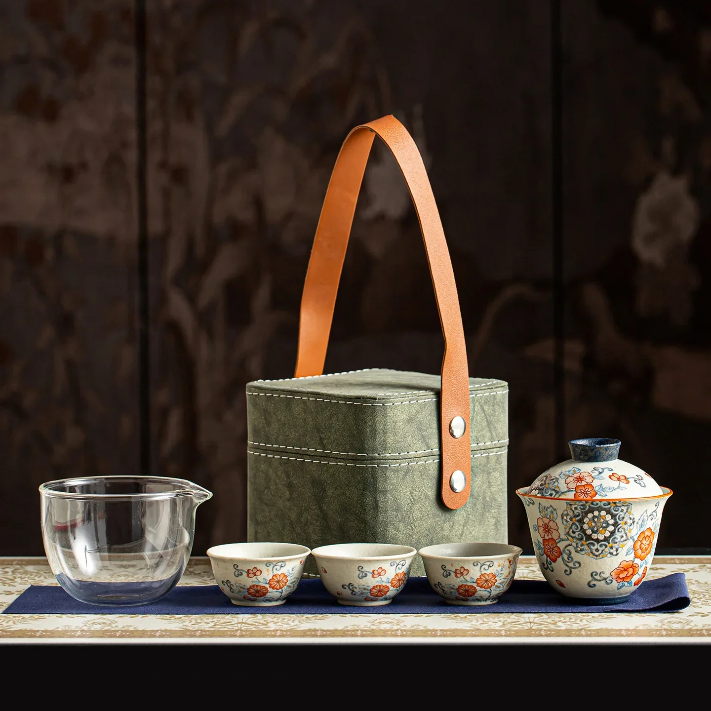 Vintage Enamel Color Ceramic Gaiwan Tea Set with 3 Cups & Glass Cha Hai, Elegant Bamboo Weave Gift Basket Portable Kung Fu Tea K