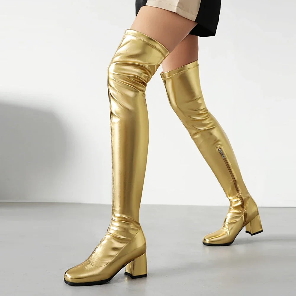 Shiny Gold Silver Stretch Thigh High Boots Women Round Toe Chunky Heel White Winter Party Dance Club Zipper Long Over Knee Boots