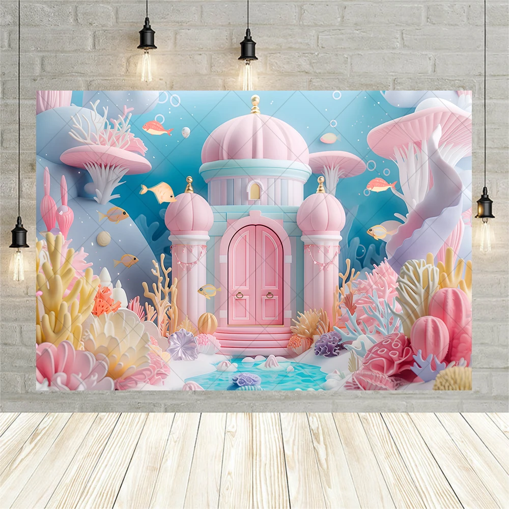 Pink Undersea Castle Photography Backdrop Custom Shells Seaweed Decor Kid Room Birthday Portrait  Background Poster Photo Studio