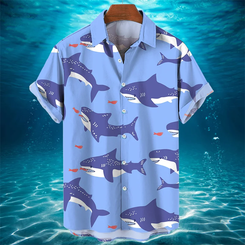 3D Animal Shark Print Hawaiian Shirt Men's Summer Casual Shirt Fashion Short Sleeved Sea World Loose Street Blouse Clothes