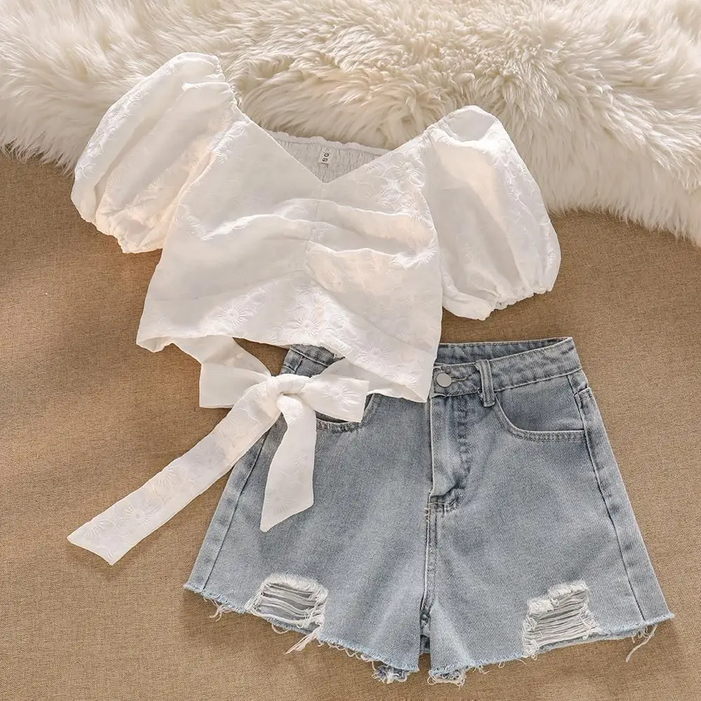 

Children's Summer Set New Girls Sweet Short Bubble Sleeve Shirt Cowboy Perforated Shorts Two Piece Set Teen Girl Clothing Set