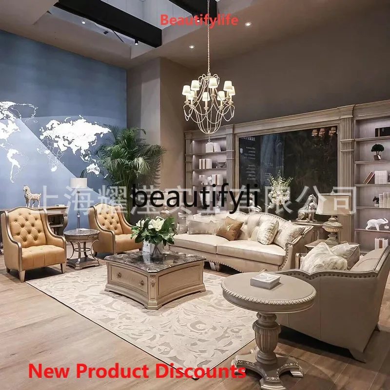 X188 Solid Wood Sofa and Coffee Table Set American Country European Style Genuine Leather Vintage Sofa Soft Leather U-Shaped LT