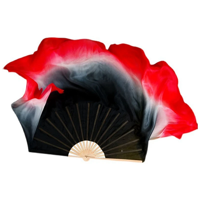 1 Pair Black Red Gradient Yangko Dance Fan Real Silk Veil Bamboo Ribs Double Sided Show Props Performance Fan (1L+1R)