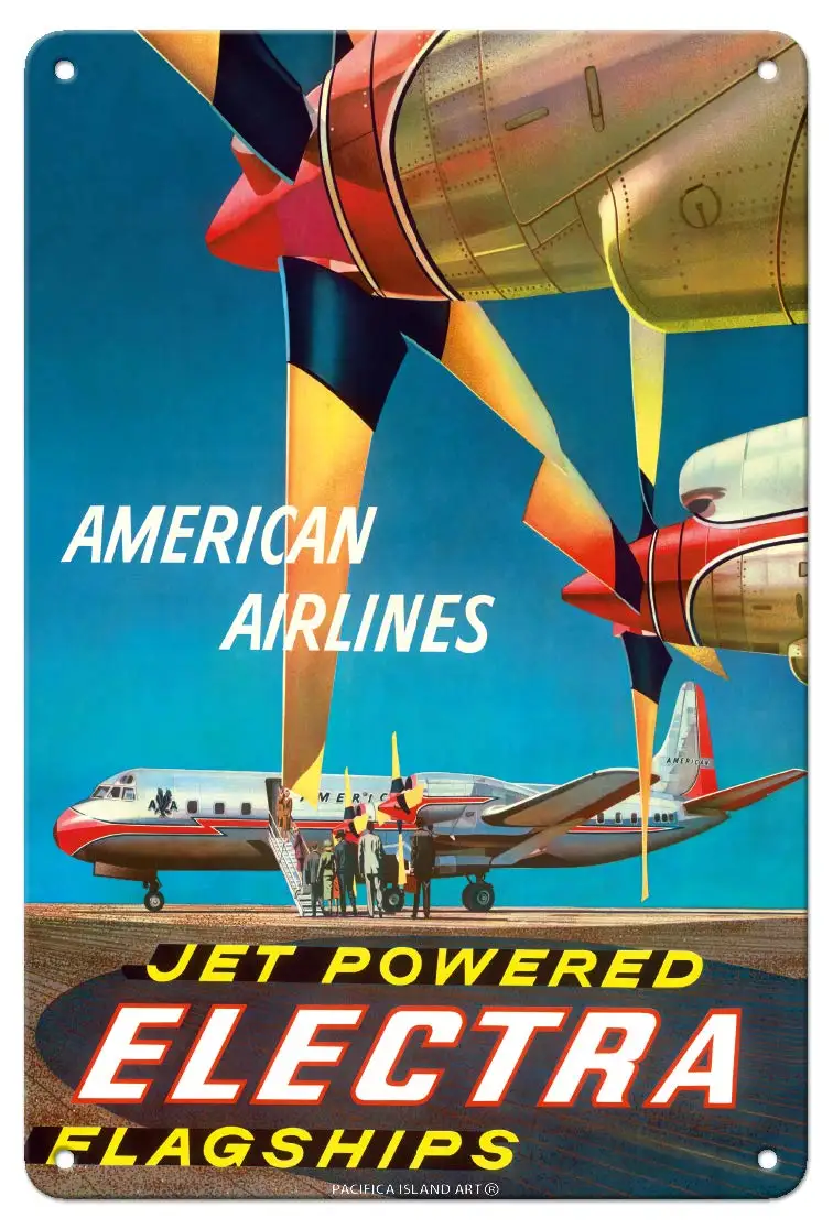 American Airlines Jet Powered Electra Flagships - Lockheed L-188s Vintage Airline Travel Poster  Metal  room decor sign sign