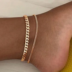 2 PCS Set Cuban Chain Anklet For Women Summer Shiny Gold Color Korean Chain Luxury Design Trendy Women Anklet Jewelry Set